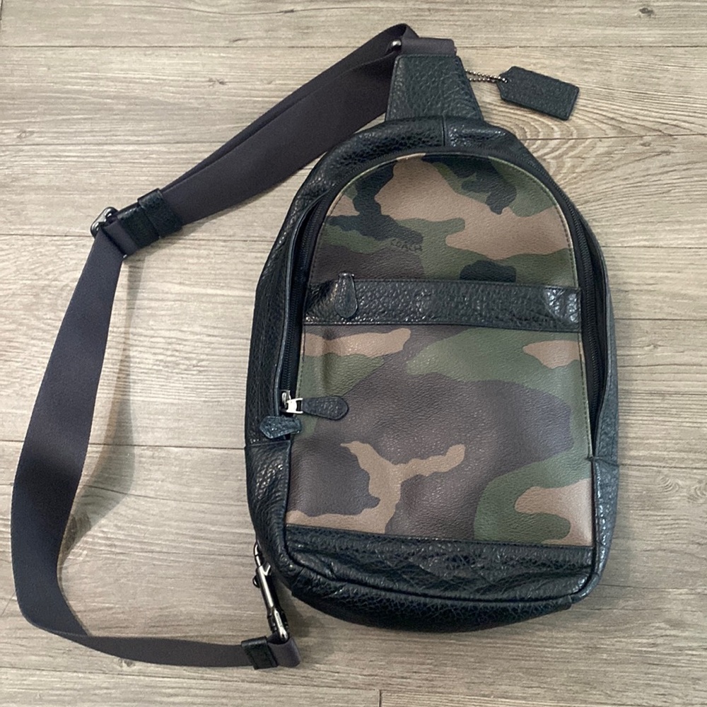 Coach Camo Sling // Charles Camo Dark Green Pebble Leather Sling Bag